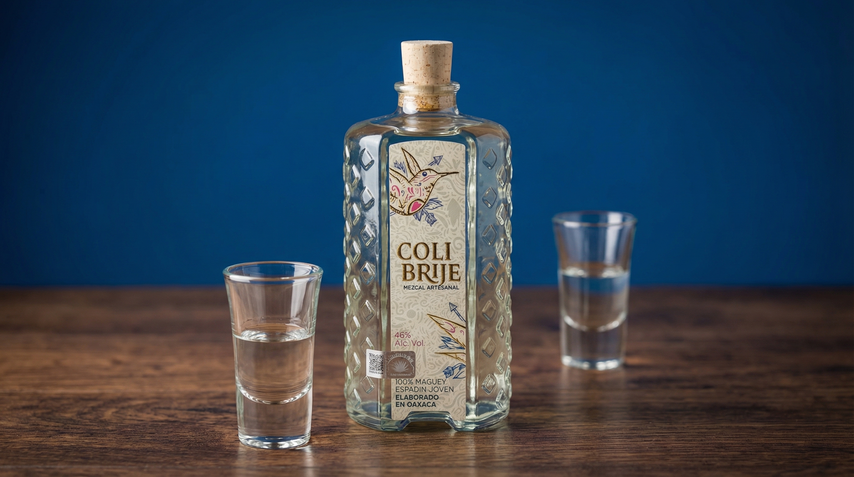 A bottle of Mezcal Colibrije espadín standing in a warm Oaxacan setting